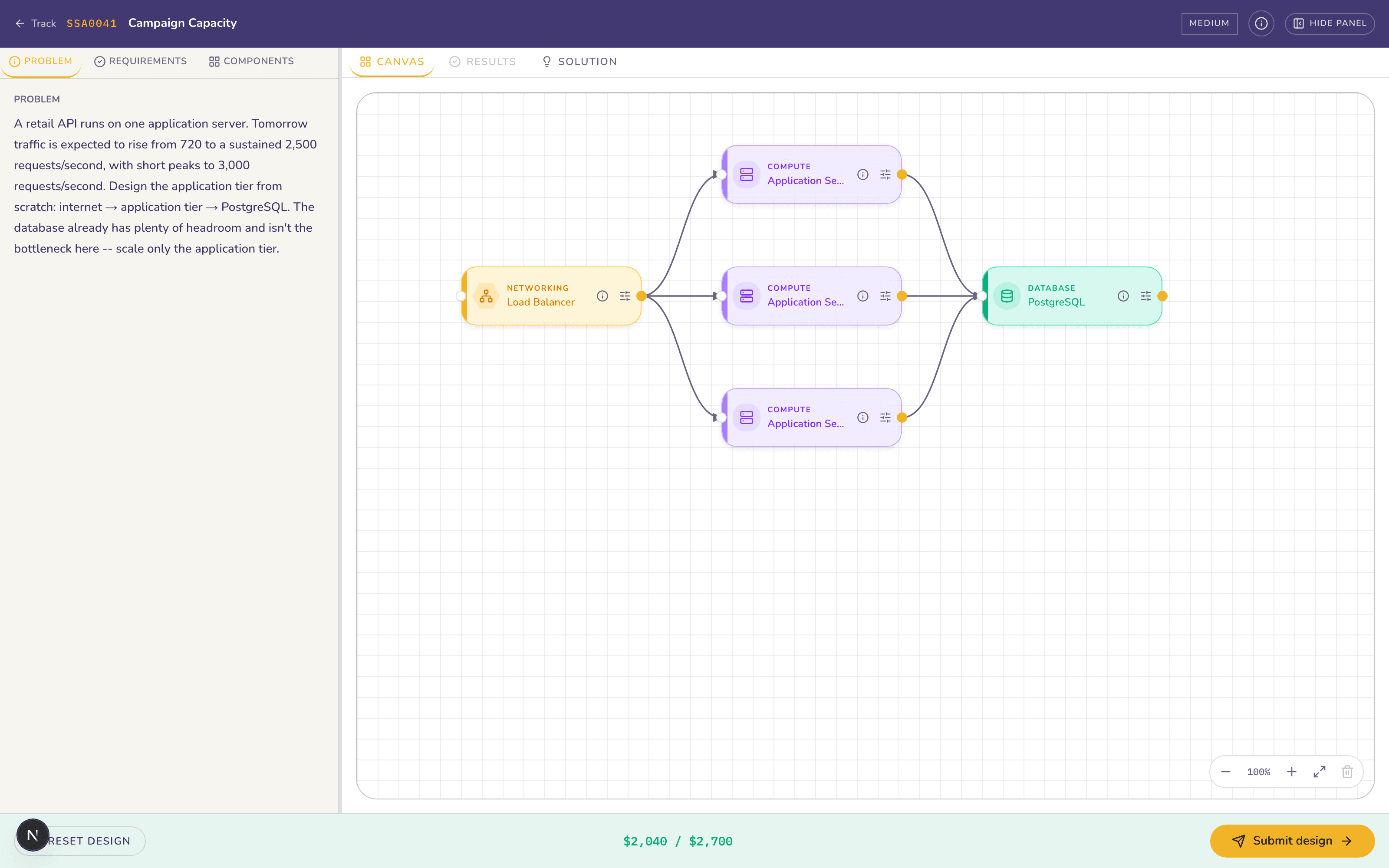 Design canvas showing a load balancer connected to three application servers and a database